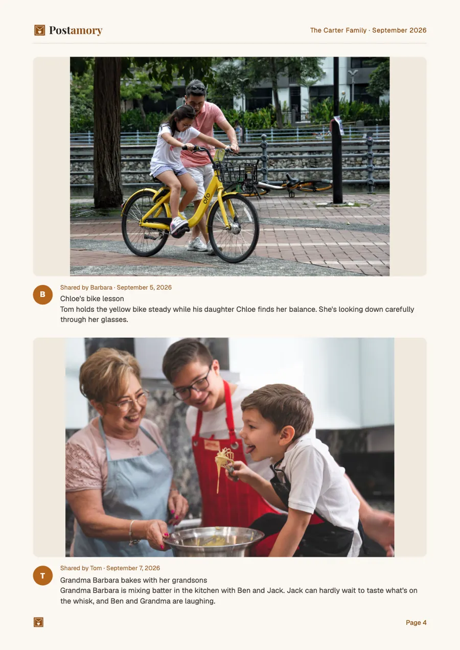 Page 4: Chloe's bike lesson; Grandma Barbara bakes with her grandsons