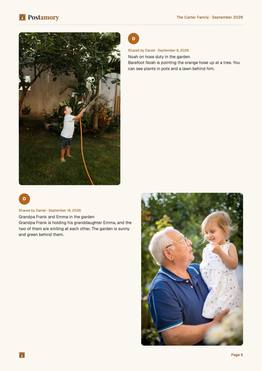 Page 5: Noah on hose duty in the garden; Grandpa Frank and Emma in the garden