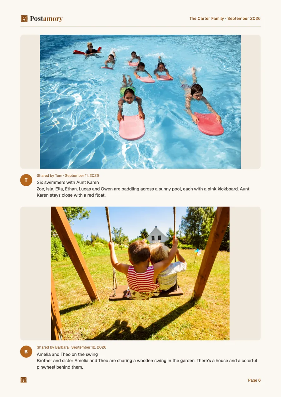 Page 6: Six swimmers with Aunt Karen; Amelia and Theo on the swing