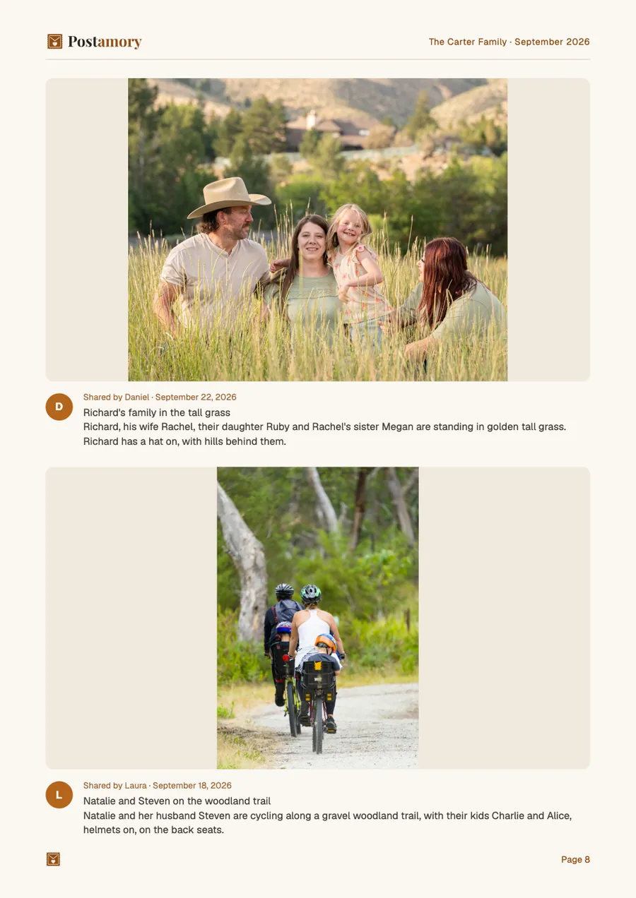Page 8: Richard's family in the tall grass; Natalie and Steven on the woodland trail